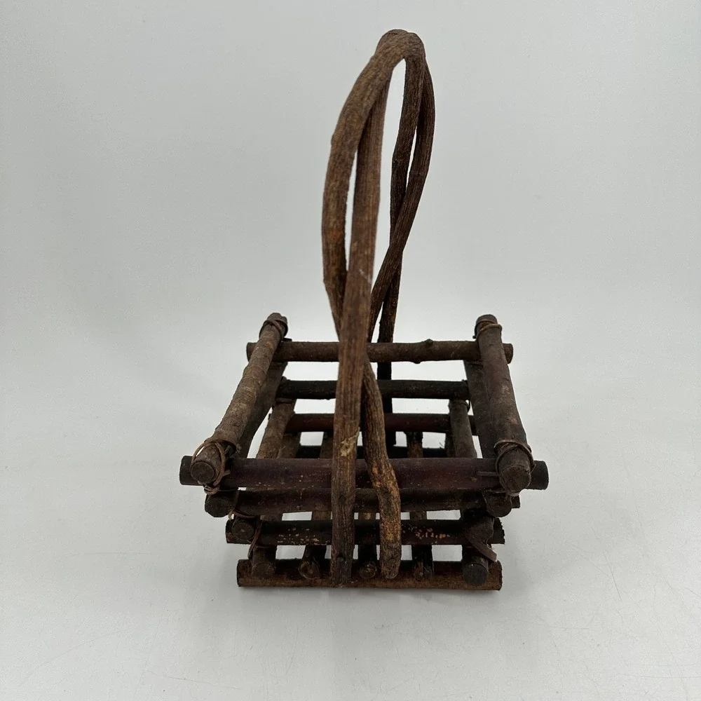 Rustic Twig Log Cabin Basket Grapevine Handle Natural Wood Primitive Decor Brown
